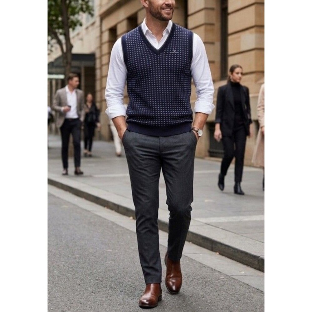 V Interview Mens 100% Woolon Sweater Vest M Preppy Academic Navy Geometric Knit